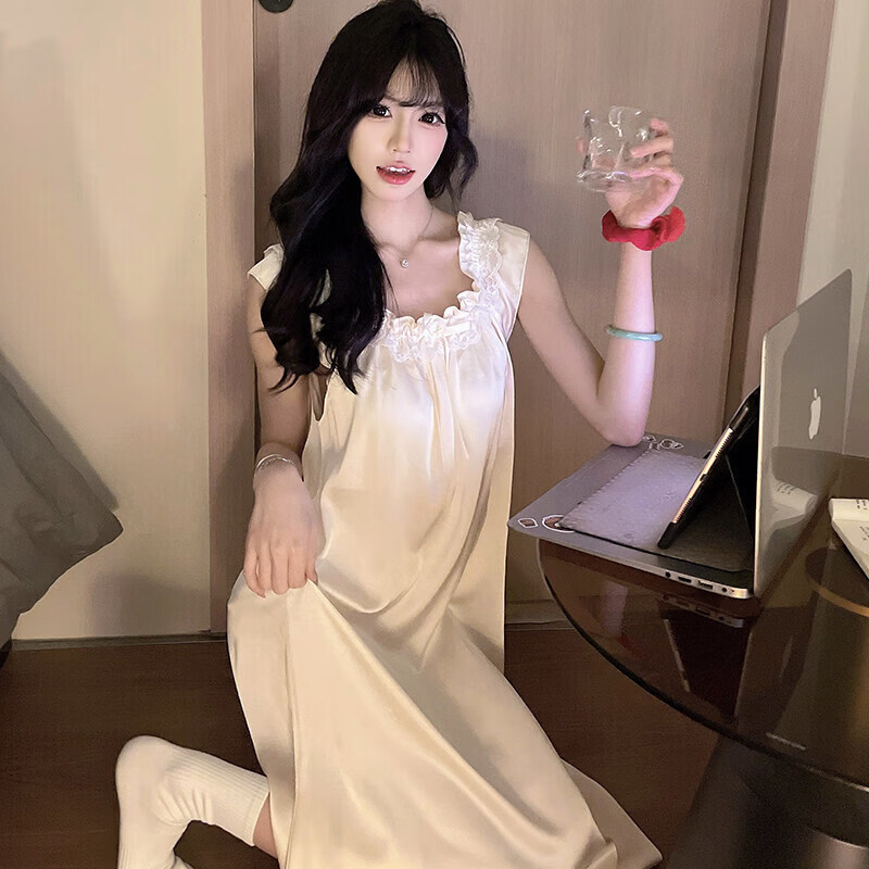 诺力盾夏季冰丝蕾丝花边带胸垫背心睡裙性感轻薄女士休闲睡衣 2530-1H[冰丝凉感]蓝色 L 165推荐100120斤