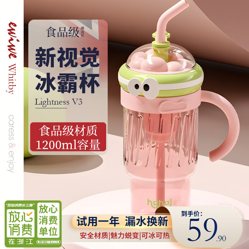 STABURG搞怪大眼睛彩色渐变带把手大容量吸管水杯 粉色/1200ml