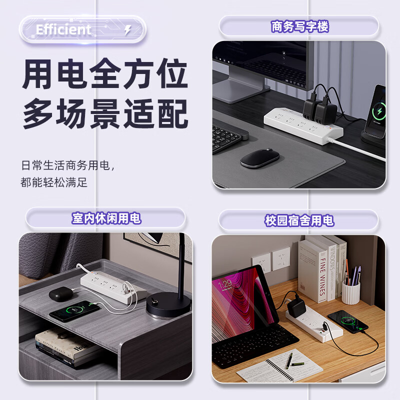 正良泰品纯铜插座防雷斜面梯形排插带usb20W快充可爬墙家用宿舍办公用一转多便捷插拖线板/接线板 /排插 9位插孔+usb【0.2米】