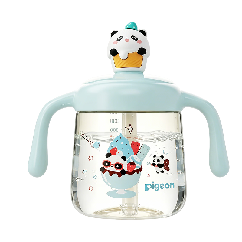 贝亲（Pigeon）儿童牛奶杯1-3岁宝宝喝水喝奶PPSU直饮奶瓶双吸管水杯海青色330ml