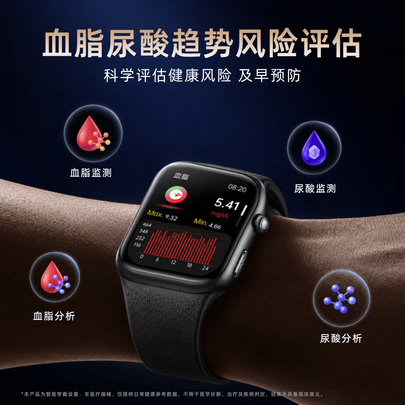 博朗奇医疗级适用华为苹果机智能手表测血压血糖高精准测心率血氧尿酸血脂一体机心电健康睡眠监测送礼款 幻夜黑 新医护升级+医疗级高精准+动态健康监测