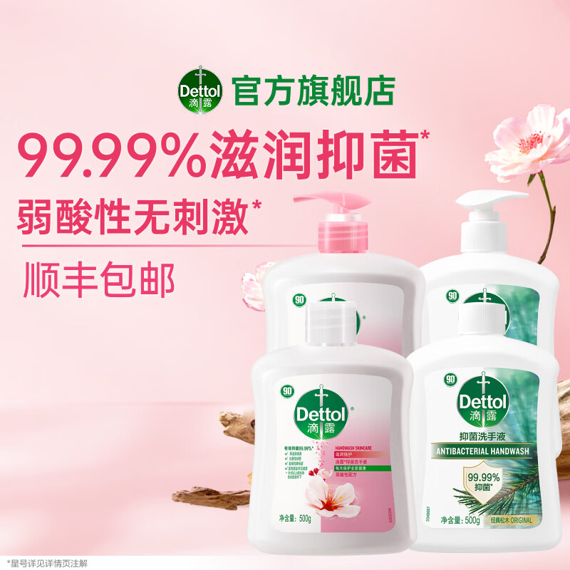 滴露（Dettol）液体洗手液儿童成人通用多香型 【有效抑菌】滋润500g+500补充装+松木500g+500g补充装