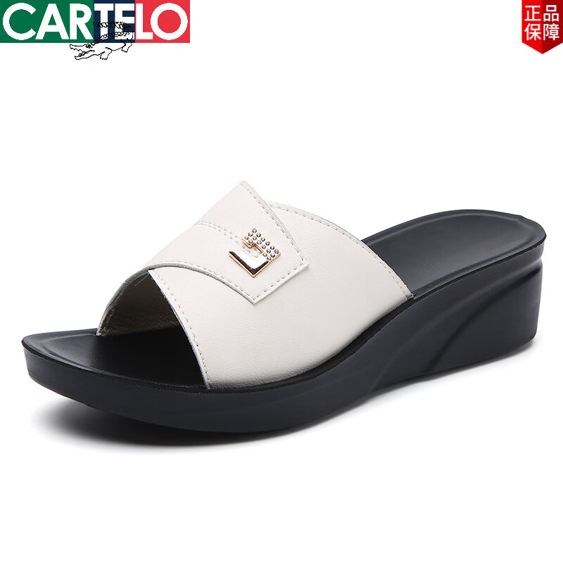 卡帝乐鳄鱼(CARTELO)真皮外穿凉拖女2026夏季新款凉鞋女士妈妈拖鞋时尚软底一字拖女鞋 F609黑色标准鞋码 37