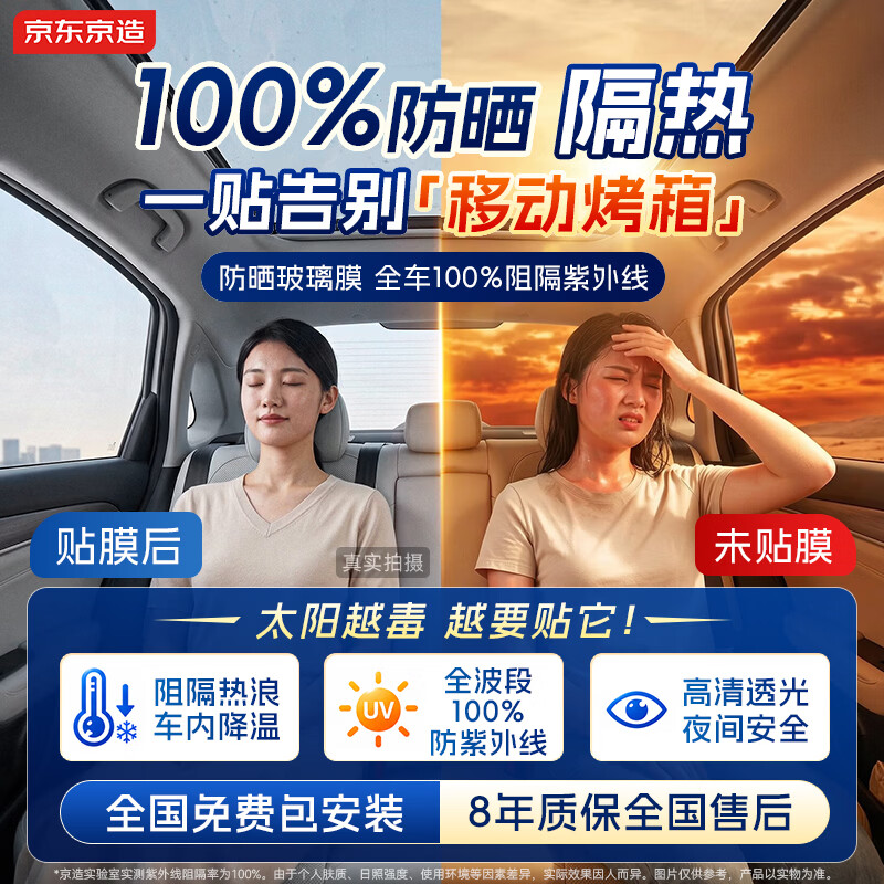 京东京造整车100%阻隔紫外线防晒玻璃窗贴膜（前浅后深）护肤车膜车衣隔热防爆太阳膜隐私遮挡汽车玻璃膜