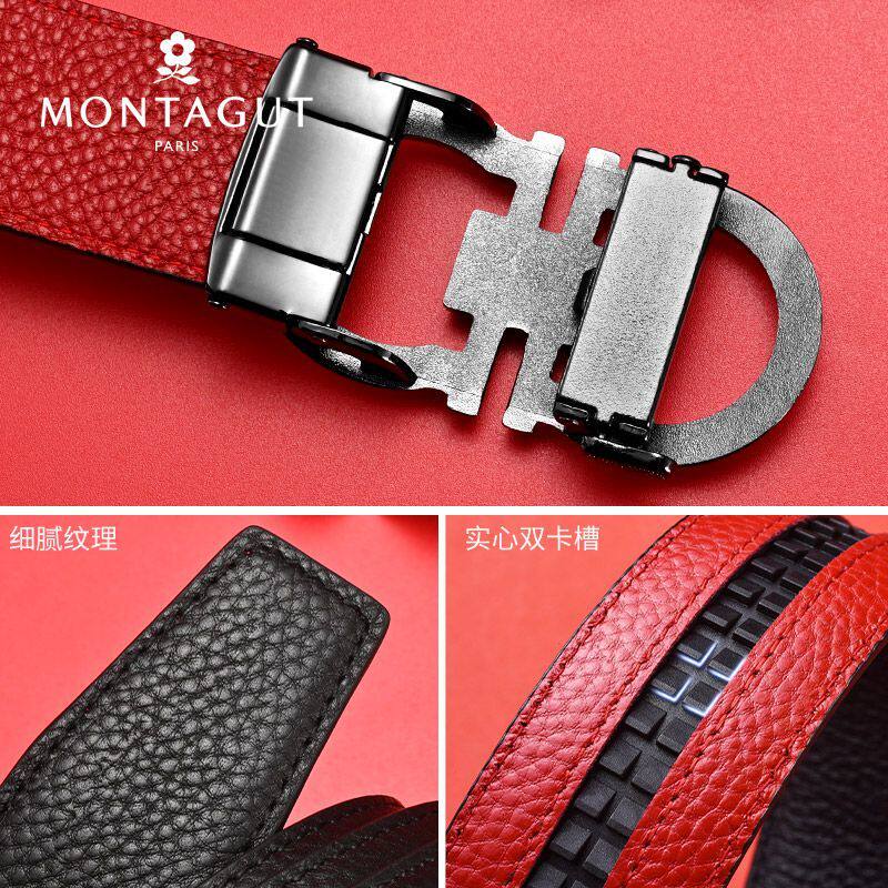 梦特娇(MONTAGUT)皮带男士自动扣真皮马年本命年红色腰带喜庆过节送礼裤带 外黑内红 130cm