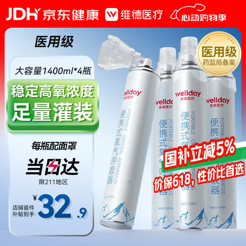 维德（WELLDAY）氧气瓶便携式供氧器孕妇老人吸氧机高原应急旅游氧气罐1400ml*4