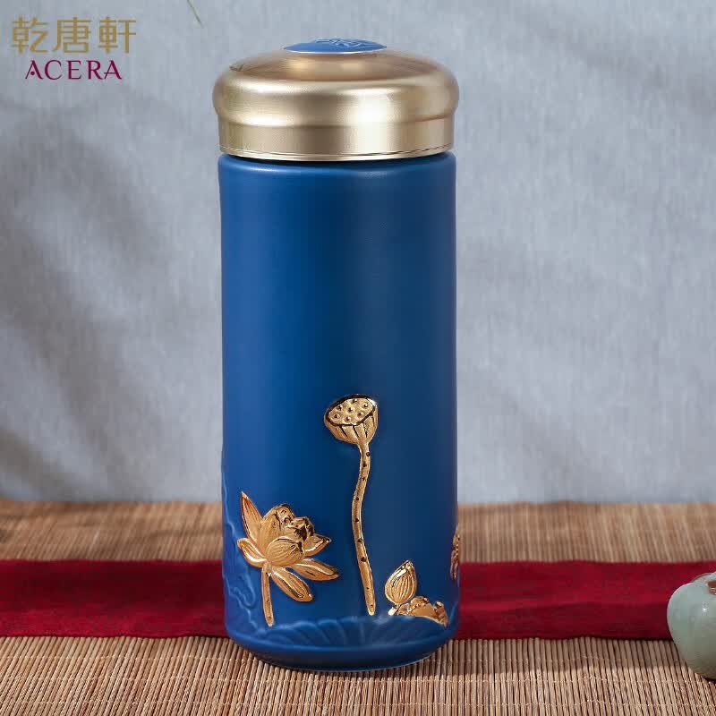 乾唐轩 【官方授权】活瓷杯和谐双层创意陶瓷杯子高颜值水杯礼盒装 无光蓝加金  