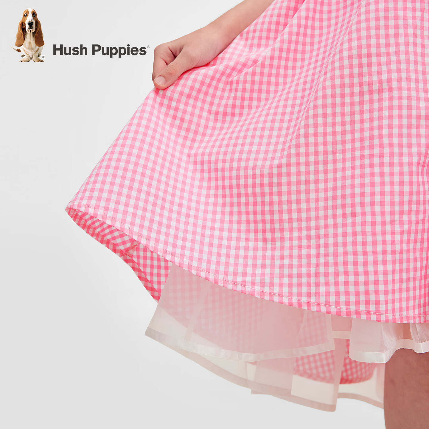 暇步士(Hush Puppies)童装儿童女童2026春夏新款无袖清新网纱格纹公主裙 草莓冰 130 cm