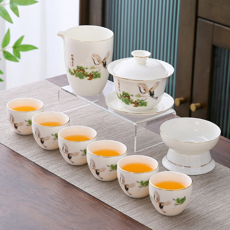 溥畔德化陶瓷羊脂玉白瓷盖碗功夫茶具茶杯套装办公送礼整套 羊脂玉描金12件套（礼盒装）