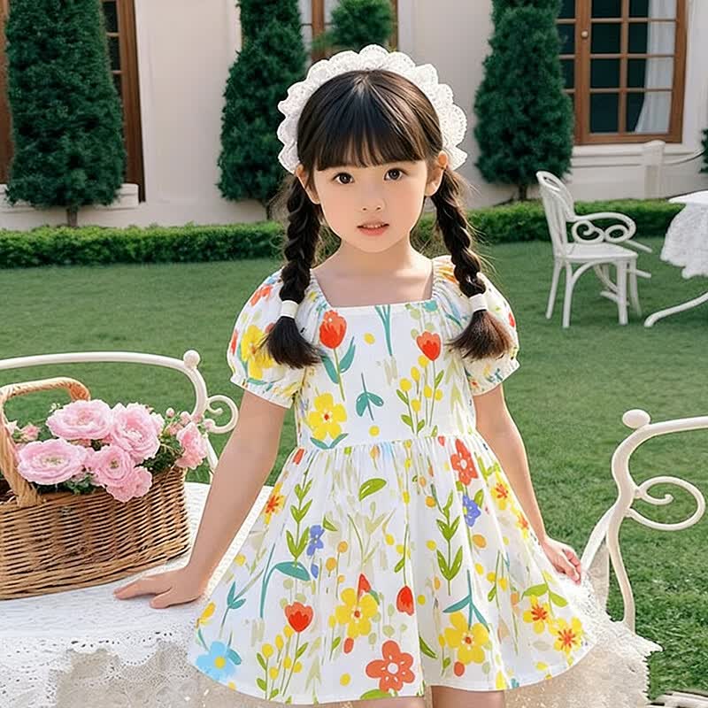 木幼事童装女童连衣裙2026新款洋气六一儿童节夏装短袖碎花公主裙 沐阳草莓 【建议拍大一码】 150 【身高130~140cm】