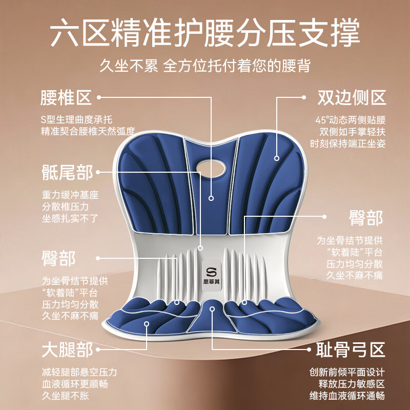 思菲其护腰坐垫腰靠垫靠背一体人体工学椅办公室久坐也舒适座椅靠垫 双翼款-运动蓝