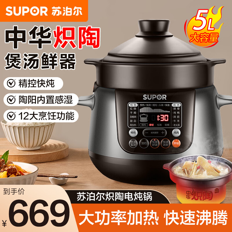 苏泊尔（SUPOR）电炖锅5升家用电炖盅精控快炖电砂锅耐高温内胆炖汤养生煮粥煲汤锅智能预约商场专柜同款 中华炽陶 线下款 5L