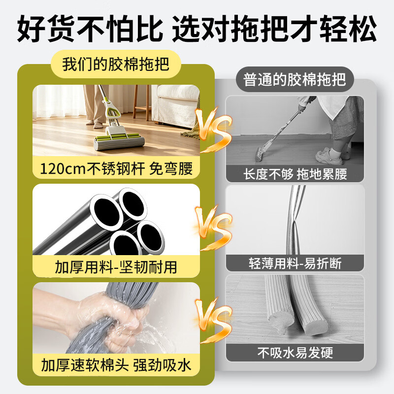 家用一拖净2026款免手洗海绵拖把大号擦地吸水拖布挤水胶棉拖43cm 28CM滚轮拖把-基础特价款