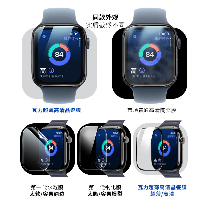 瓦力适用苹果手表iwatchs10代42mm手表膜apple全包覆盖曲面陶瓷Series11膜46mm不翘边高清2片装带舱 晶瓷系列【2片装】-带定位秒贴神器 s10-46mm