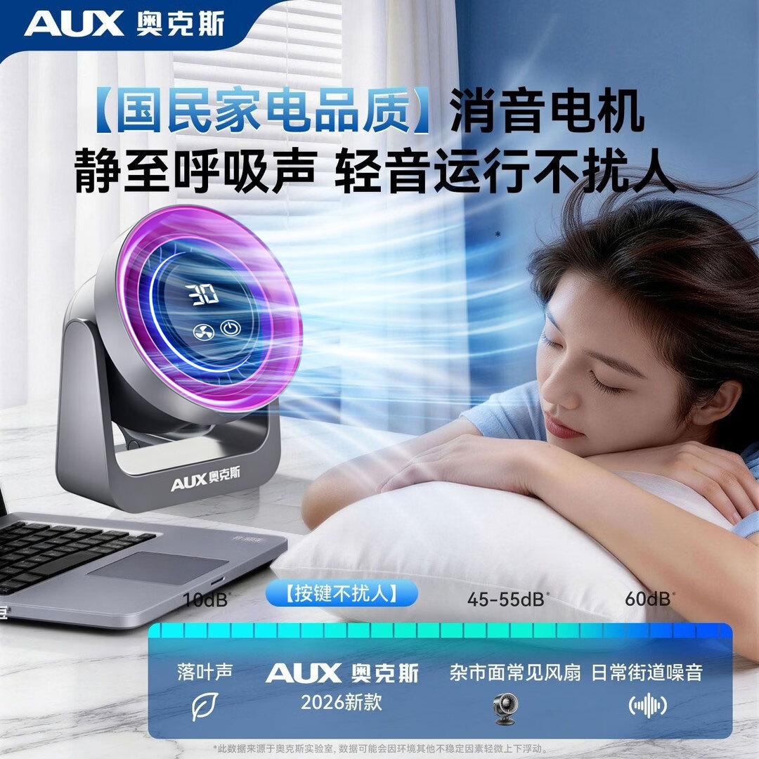 奥克斯(AUX)电风扇桌面空气循环扇台壁两用桌面扇卧室宿舍台式柔风电扇静音节能小型充电台扇氛围灯液晶屏显 极光紫充电夜灯款【台壁两用】液晶显示