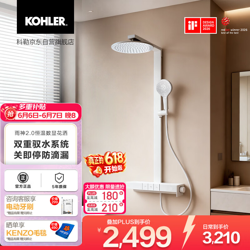 科勒（KOHLER）智能花洒淋浴套装雨神2.0恒温喷头云缎沙