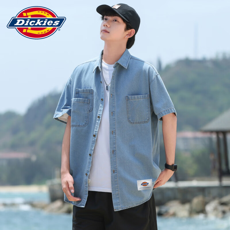 Dickies日系复古感牛仔短袖衬衫男士2026夏季痞帅多口袋宽松工装上衣服装 浅蓝色 【官方正品】 M 【建议90-110斤】