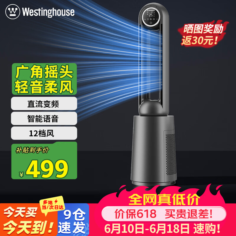西屋（Westinghouse）无叶风扇电风扇直流变频遥控家用塔扇轻音节能过滤柔风广角摇头落地扇WTH-ZWY006