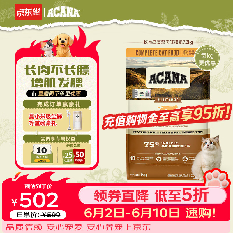 爱肯拿牧场盛宴猫粮7.2kg 354元 - 86线报