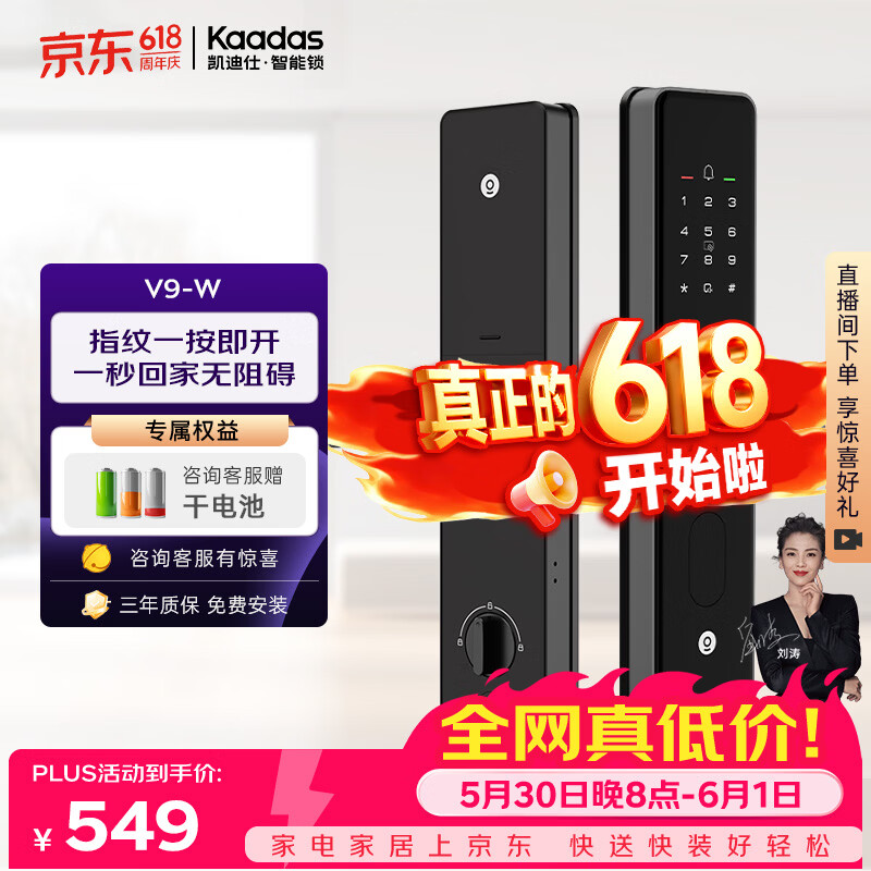 凯迪仕（KAADAS）智能门锁 指纹识别 防盗门锁密码锁 入户门电子智能锁 V9-W