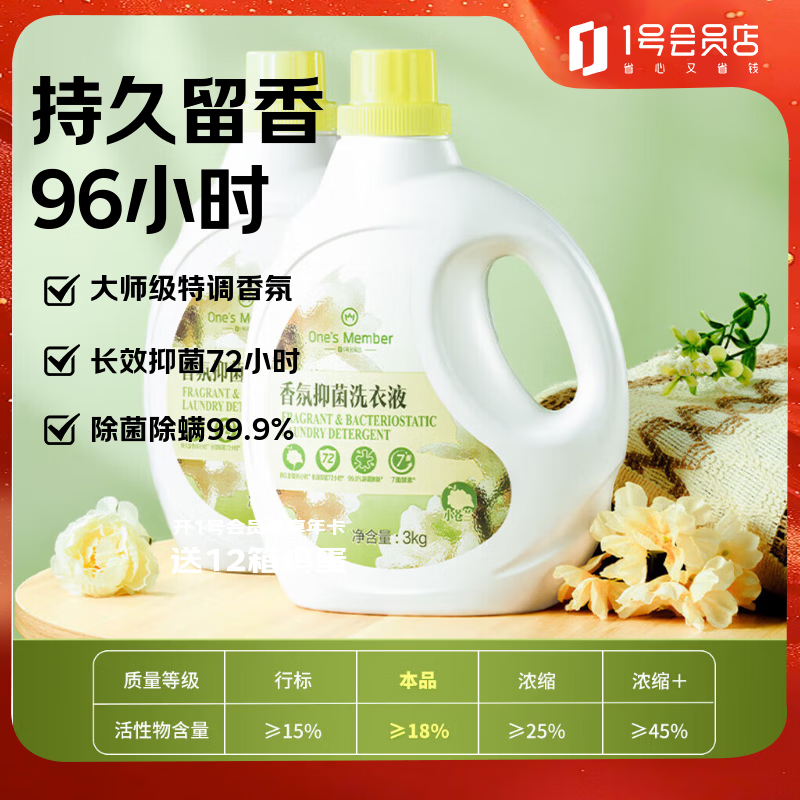 1号会员店OM深层洁净96h持久留香抑菌除螨小苍兰香氛洗衣液3kg*2瓶组合12斤