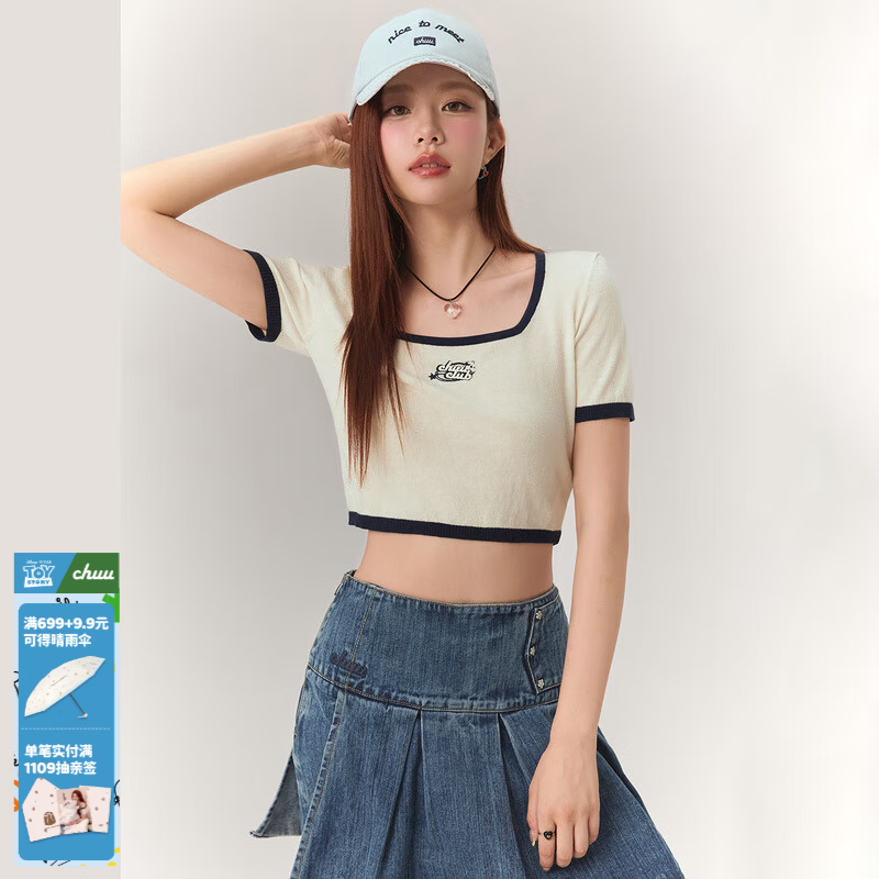 CHUU字母刺绣撞色短袖针织衫女2026春季新品基础辣妹直角肩上衣 白杏 均码