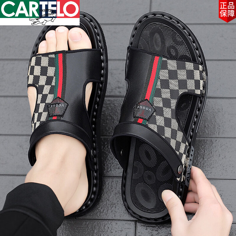 卡帝乐鳄鱼(CARTELO)2026新款男士凉鞋夏季外穿防滑沙滩鞋男式开车两用涉水皮凉拖 黑棕 42