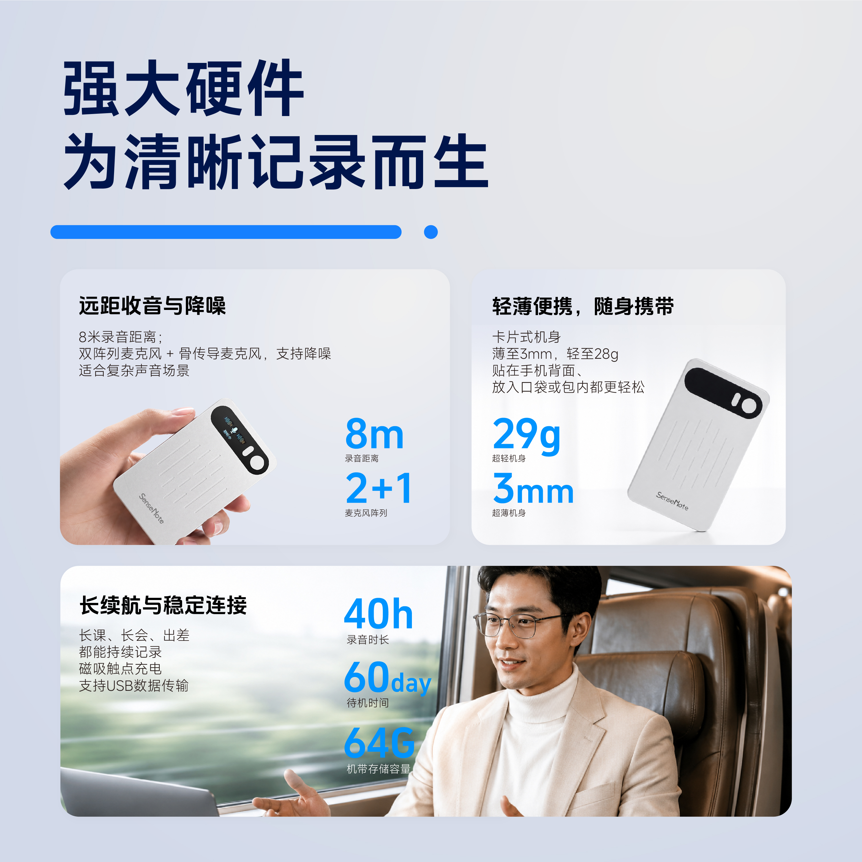 SenseNote智能AI录音卡实时录音转文字会议纪要专业录音笔学习办公神器 SenseNote 专业版(凝光银) AI录音卡