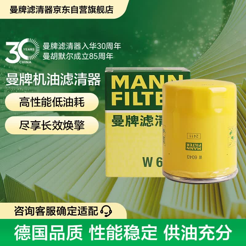 曼牌滤清器（MANNFILTER）机油滤清器油滤芯W6043/W610/3哈佛瑞风和悦比亚迪元秦速锐欧蓝德