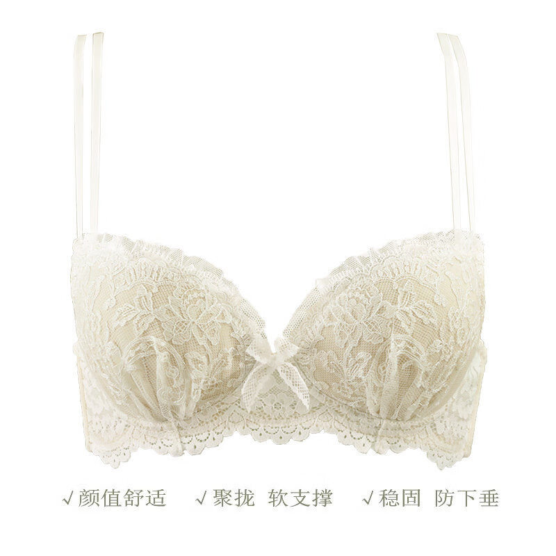 Gainreel歌瑞尔法式浪漫小胸聚拢文胸侧收副乳纯欲内衣女防下垂承托性感蕾丝胸罩 香槟肤 220296A 85C