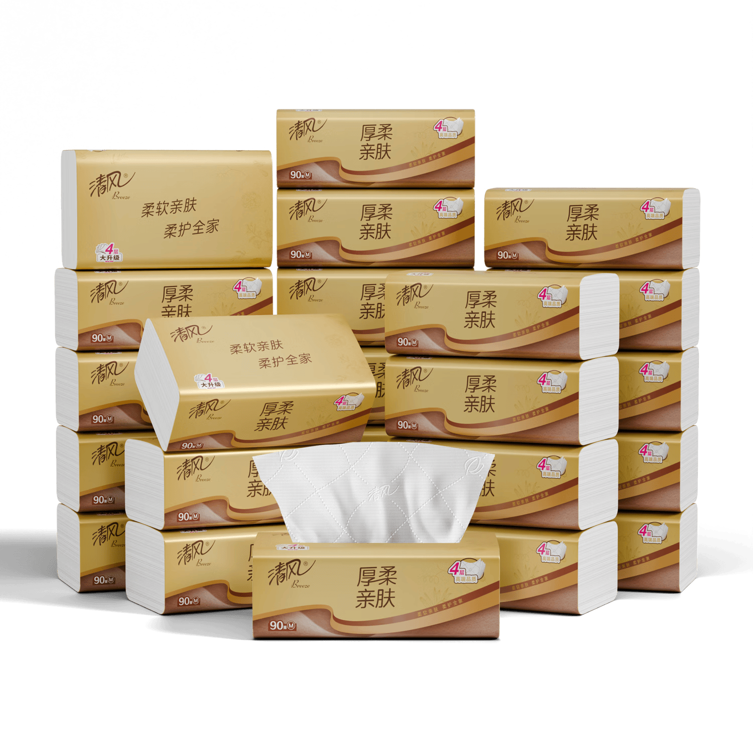 清风抽纸 厚柔4层90抽24包M码 卫生纸巾抽纸家用 纸抽 餐巾纸 整箱装