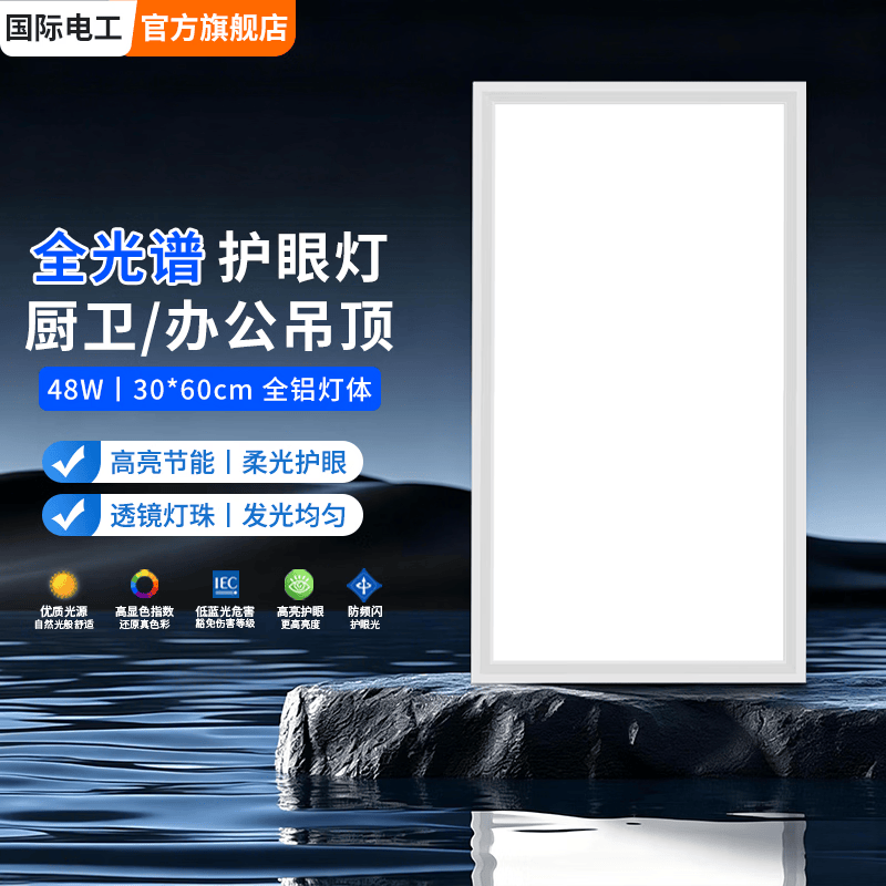 国际电工（FDD）照明集成吊顶led平板灯300x300/600铝扣板厨房卫生间工程面板灯盘 48W白光--30*60cm--全铝灯体