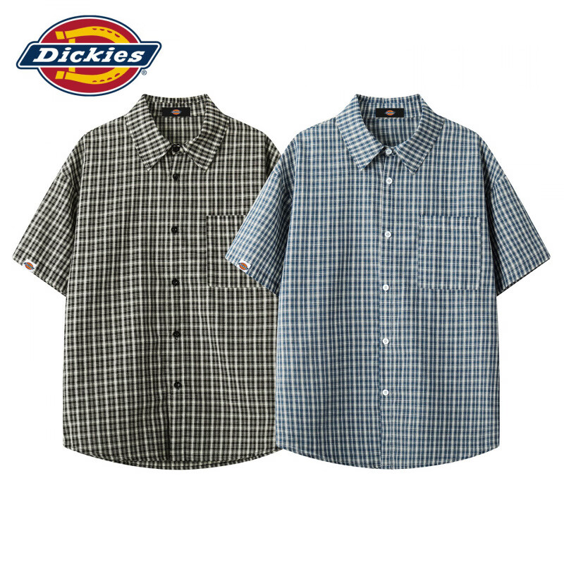 Dickies美式复古休闲短袖衬衫男士2026夏季新款宽松舒适百搭潮牌上衣服装 黑格 M 推荐95-110斤