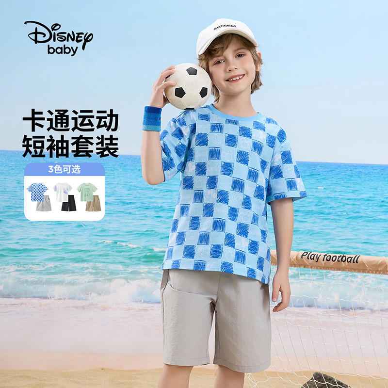 迪士尼（Disney）童装男女童运动套装夏新款跑步儿童短袖休闲两件套夏款上衣短裤 蓝底米奇格纹-纯棉 110 高105-115cm重30-40斤