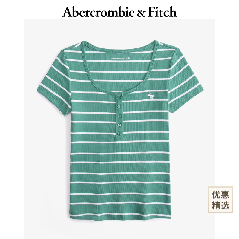 Abercrombie &amp; Fitch【多色亨利领】小麋鹿图案女装25夏季修身短袖T恤 绿色条纹 XL (170/112A)