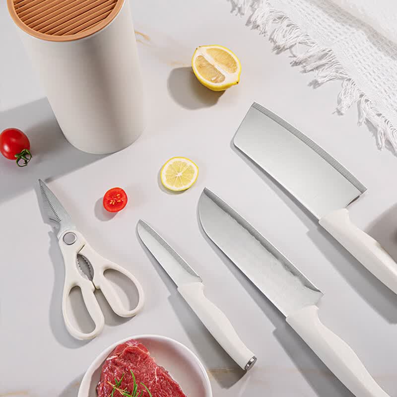 STABURG家用白色刀具套装厨房全套不锈钢菜刀剪刀组合带刀座 食品级不锈钢/白鲸五件套 5件套