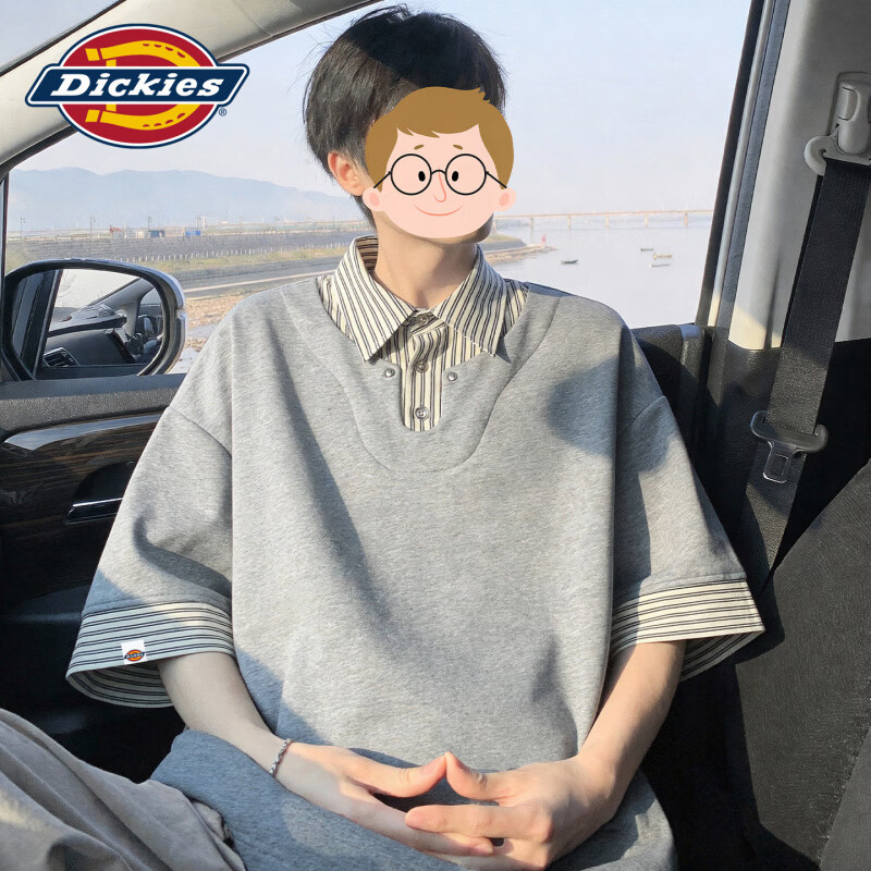 Dickies港式复古休闲翻领短袖男士2026年夏季新款宽松舒适假两件上衣服装 杏色 M 95-110斤