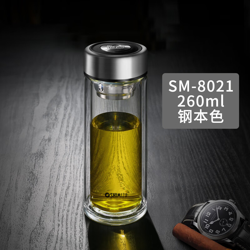 shimizu上海清水双层玻璃杯子耐热男女士水杯透明带盖高硼硅隔热过滤