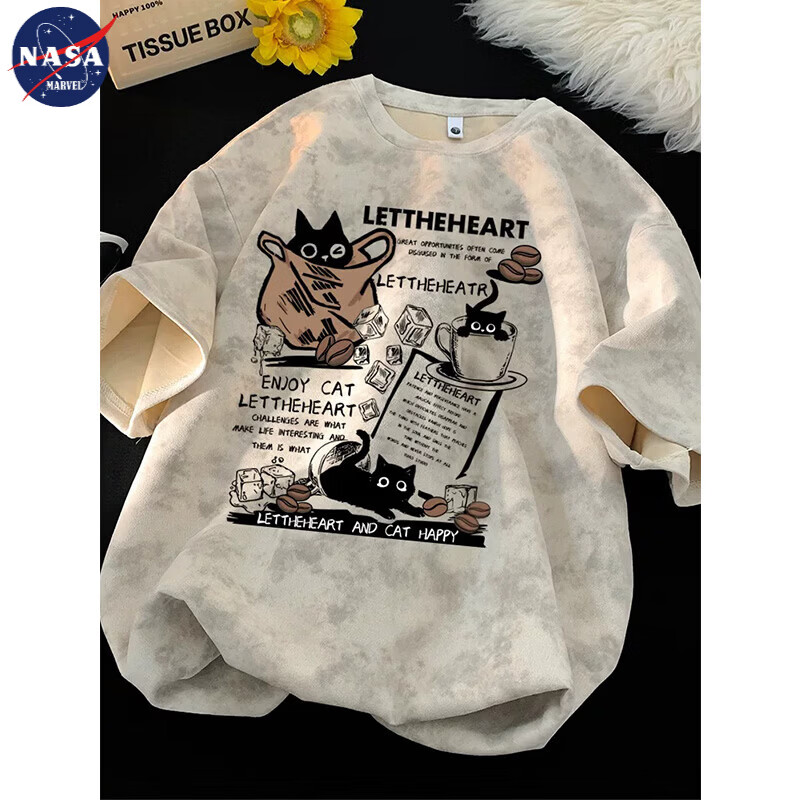 NASA MARVEL美式重磅扎染t恤短袖男2026新款夏季印花宽松圆领半袖衣服打底衫