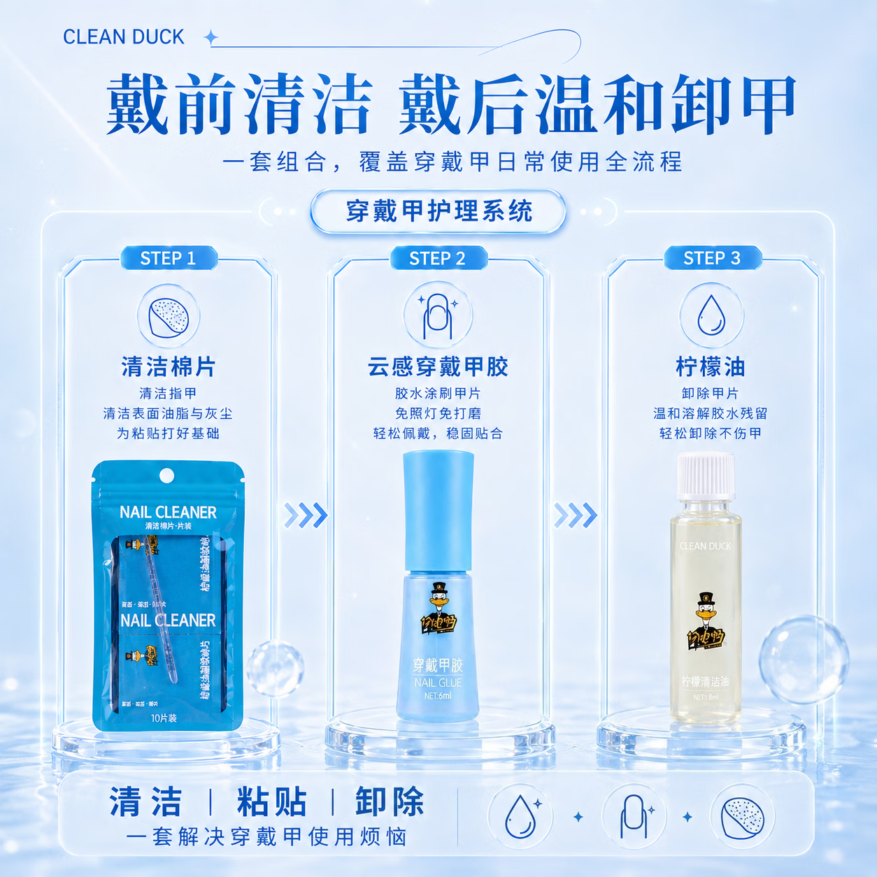 闪电鸭穿戴甲胶水持久牢固贴合甲片免照灯无刺激美甲胶组合套装工具 穿戴甲胶6ml+柠檬卸甲油8ml+柠檬清洁棉片 10片