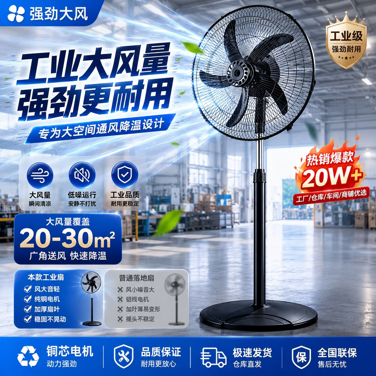 UPMI小米平替电风扇工业立式大风量加厚旋风扇叶强力商用节能交流定频电扇家用18吋客厅大头扇 升级款18寸工业扇【铜芯电机】