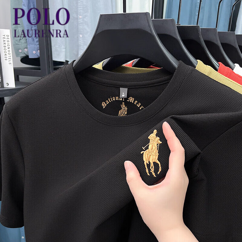 劳伦拉保罗高端polo衫男夏季圆领刺绣中青年轻奢潮流休新款蚕 丝短袖T恤男士 十大奢饰品男装国际一线品牌桔红色 圆领短袖 M 165
