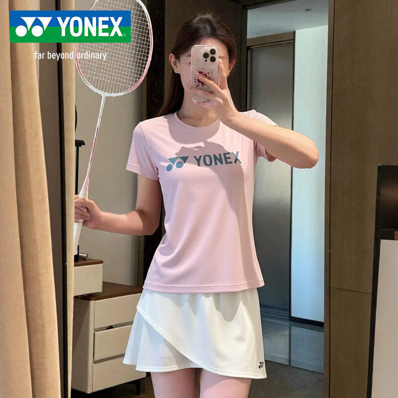 尤尼克斯（YONEX）YONEX羽毛球服215095BCR男女款多巴胺风短袖运动服套装简约款短裙 【女款套装】215095BCR 粉红短袖+白色百褶裙 2XL
