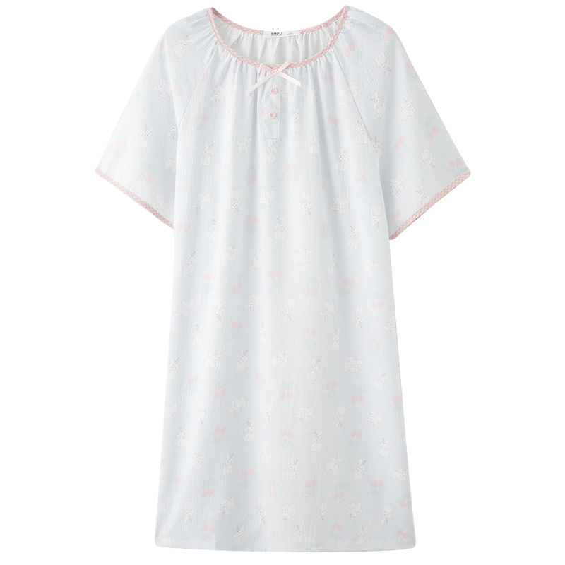 三福（SANFU）蝴蝶结短袖格子睡衣女夏季圆领睡裙宽松柔软连衣裙居家服517960 蓝色小狗 S