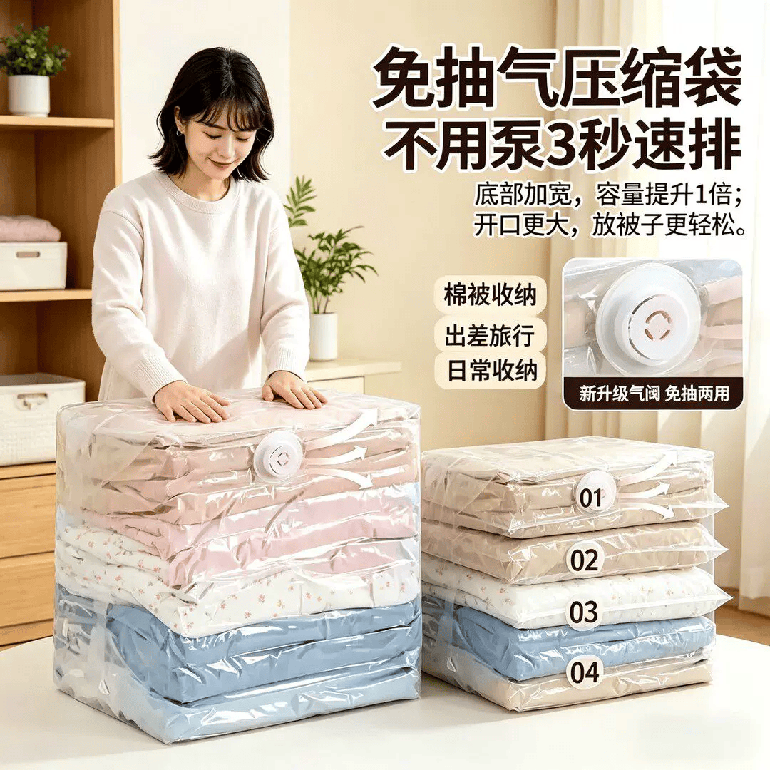 真空压缩袋免抽气衣服收纳袋加厚衣物被子棉被行李专用密封旅行袋 免抽密封【大号*4+特大号*4】