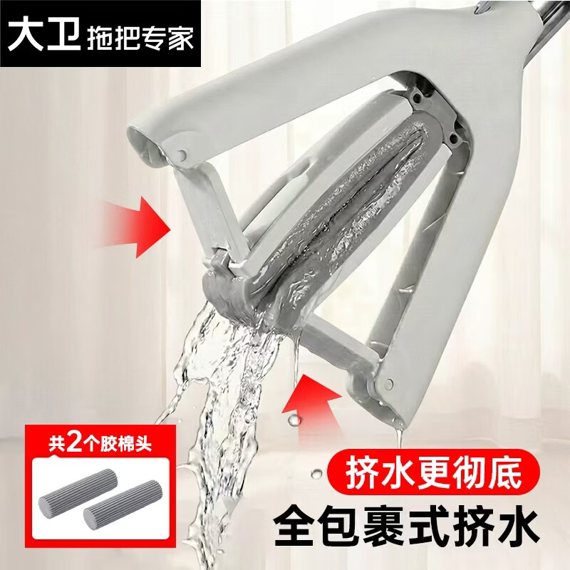 大卫拖把家用海绵拖把吸水拖把拖地把胶棉拖把一拖净免手洗2026新款 共2个拖头
