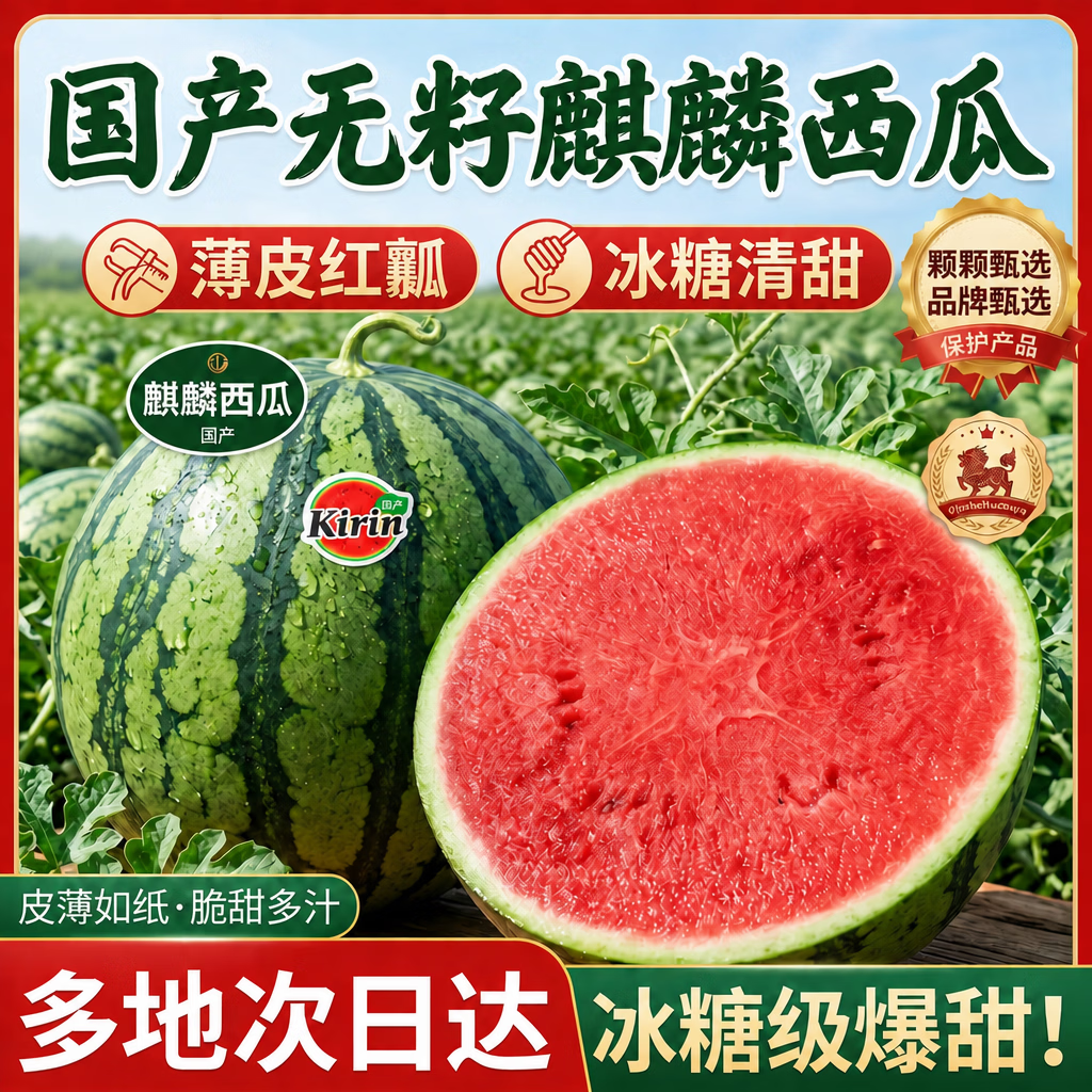 RONGXIAN麒麟西瓜【闪送-多地次日达】新鲜水果当季薄皮无籽冰糖美都 净重5-7斤【精选1个装】包装升级防护