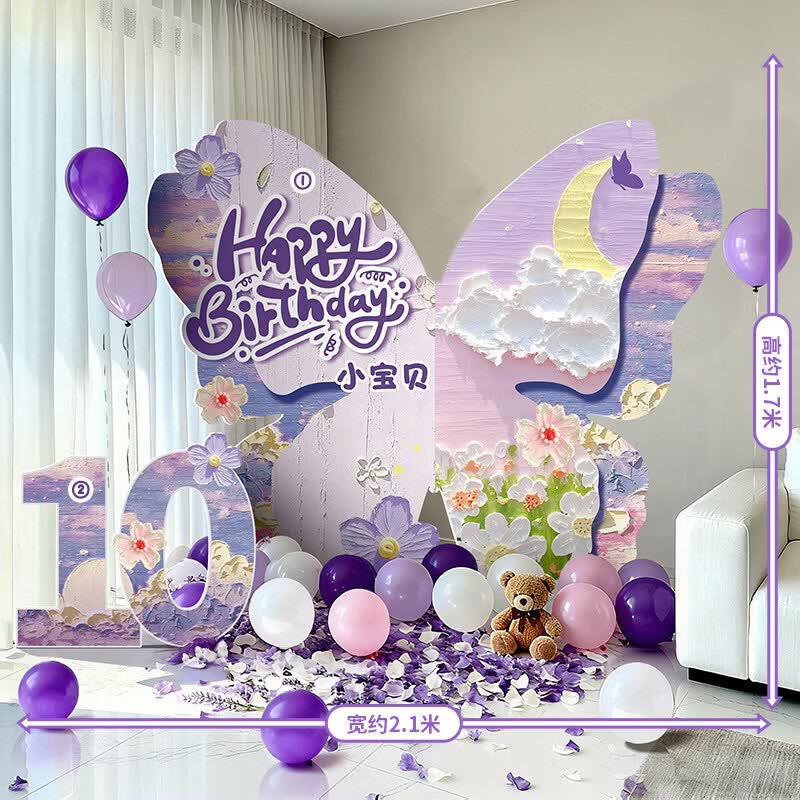 海蓝格6-18岁女孩生日布置场景装饰蝴蝶KT板成人礼仪式感背景墙氛围感 【1.7米高10岁】蝴蝶KT板生日布置-01
