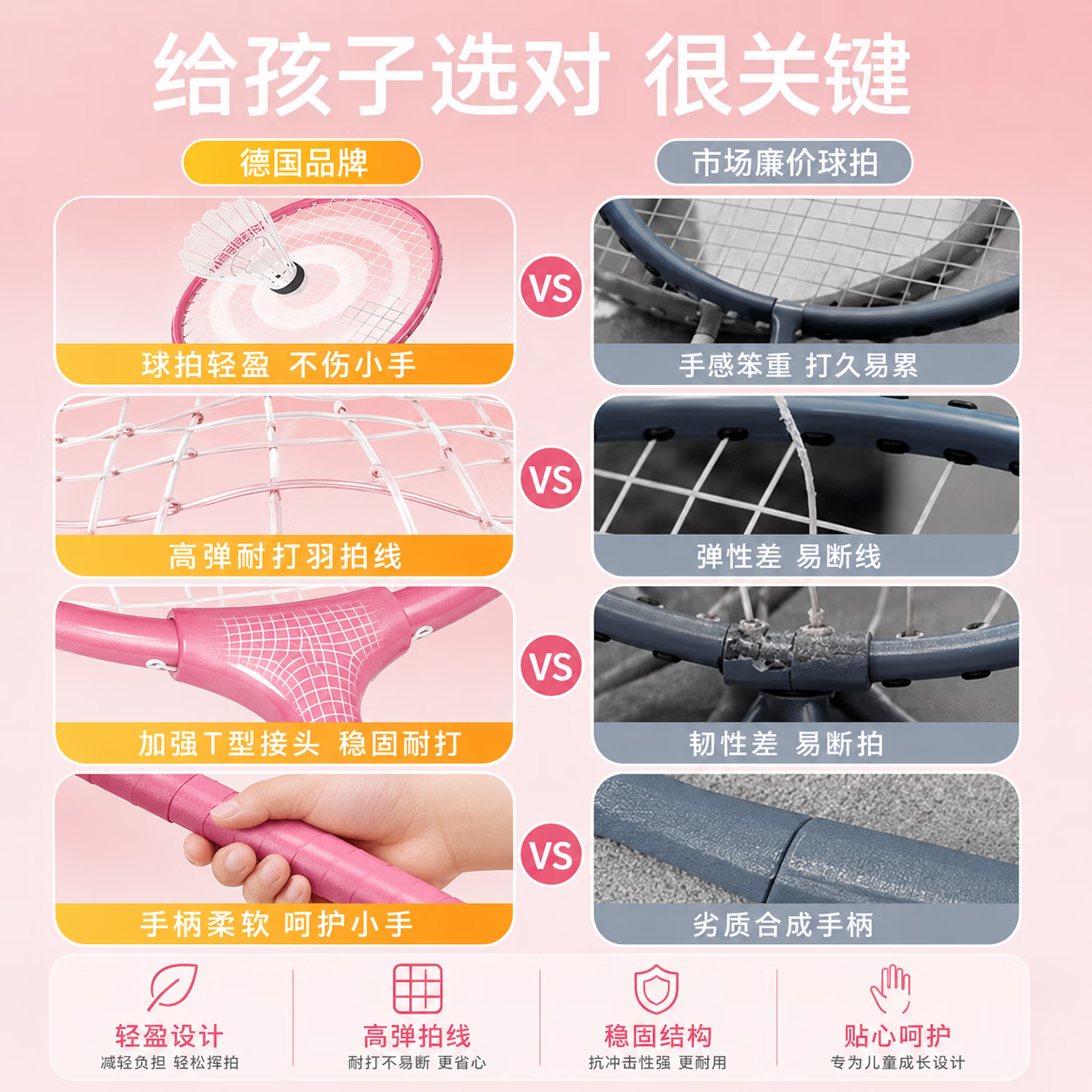 GERTHRON德国品牌儿童羽毛球拍3-6-13岁初学者小学生幼儿园专用小孩超轻 儿童款-粉色2支【适合3-12岁】 赠送6个球（颜色随机）