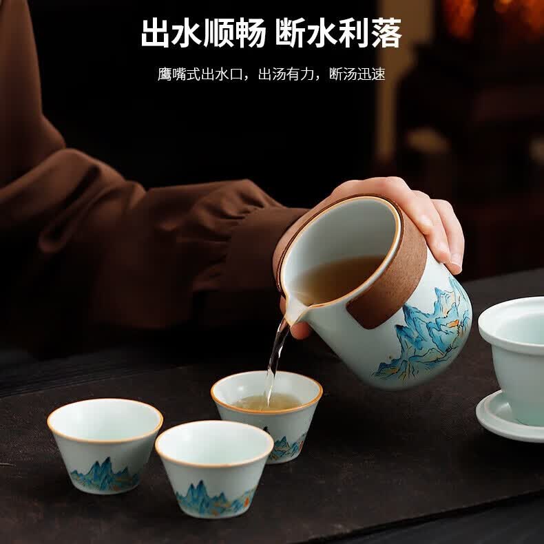 臻厨聚功夫茶具礼盒套装伴手礼定制茶具公司活动送礼周年庆文创千里江山 天青千里江山茶具 【礼盒装】 6件